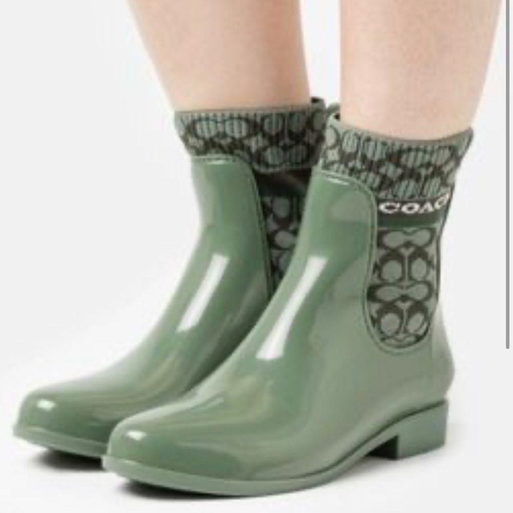 COACH Rivington Green Glossy Rain Booties - Signature Logo Knit - Size 8